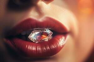 Diamant Juwel im Frau Lippen. generieren ai foto