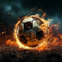 Fußball Ball im Flammen, entfesselt mit Leistung im ein Stadion schließen oben zum Sozial Medien Post Größe ai generiert foto