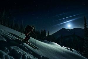 Mitternacht Skifahren im Berge Schlucht. generieren ai foto