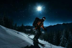 Mitternacht Skifahren im Berge unter Mond. generieren ai foto