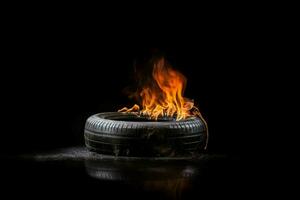 Auto Reifen im Feuer auf schwarz Hintergrund. generieren ai foto