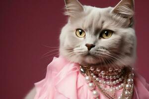 cool Katze warnen Mode nach vorne katzenartig tragen Schmuck auf Rosa ai generiert foto