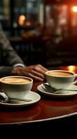 Tasse von heiß Kaffee mit Untertasse auf Tisch, Geschäftsmann sitzend Vertikale Handy, Mobiltelefon Hintergrund ai generiert foto