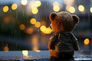 einsam Teddy Bär weint durch das Fenster, Regen und Bokeh ai generiert foto