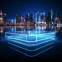 leuchtenden Blau Neon- Platz 3d machen auf reflektierend Wasser Oberfläche zum Sozial Medien Post Größe ai generiert foto