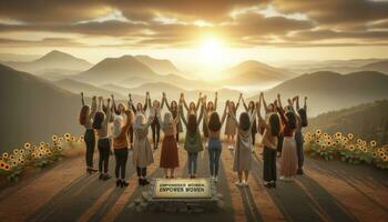 ein vielfältig Gruppe von Frauen vereinigt auf ein Bergspitze, mit das Sonnenaufgang Gießen ein golden Farbton im das Hintergrund. ein Plakette im das Vordergrund verstärkt das Botschaft von Damen Ermächtigung. ai generativ foto