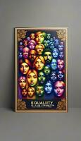 ein Poster präsentieren ein Mosaik von vielfältig Gesichter mischen einwandfrei, Darstellen Einheit im Diversität. das Design ist gerahmt durch golden dekorativ Elemente. ai generativ foto