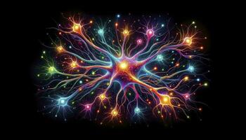 Illustration von ein beschwingt neural Netzwerk, mit Neuronen abgebildet im strahlend Farben, Darstellen ihr elektrisch Gebühren. ai generativ foto