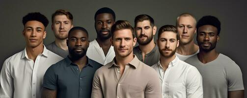 vielfältig Gruppe von Männer Stehen zusammen, multikulturell männlich Schönheit, Vielfalt Konzept. ai generativ foto