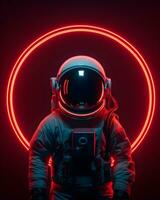 Raumfahrer oder Astronaut mit kreisförmig Ring geformt Neon- Licht. ai generativ foto