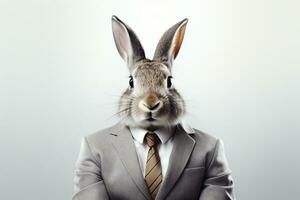 Hase tragen ein passen und Krawatte wie ein Geschäftsmann auf Weiß Hintergrund ai generiert foto