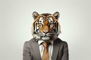 Porträt von ein Tiger im ein Geschäftsmann passen auf ein grau Hintergrund. ai generiert foto