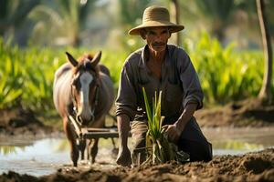 indonesisch Mann Arbeit wie Farmer ai generativ foto