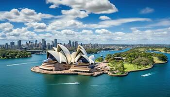 Sydney, Neu Süd Wales, Australien, 2023 - - Oper Haus Tageslicht hell Blau Himmel Antenne Aussicht Landschaft Kunst Center Australien Hafen ai generiert foto