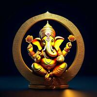 golden-matel-murti-ganesh-inidan-god-night-bhind-and-almp-and-flower-inside-moon-night-shape ai Illustration von Ganesha Hindu Gott, mit Blumen, Öl Gemälde genommen oben in Himmel, Sitzung im Vorderseite foto