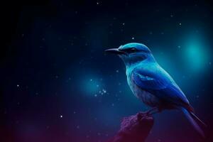 Blau Vogel im Nacht glühend Raum. generieren ai foto