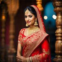 schön indisch Braut im rot Lehenga suchen beim das Kamera, traditionell indisch Hochzeit, generativ ai foto