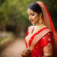 schön indisch Braut im rot Lehenga suchen beim das Kamera, traditionell indisch Hochzeit, generativ ai foto