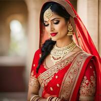 schön indisch Braut im rot Lehenga suchen beim das Kamera, traditionell indisch Hochzeit, generativ ai foto