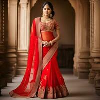 schön indisch Braut im rot Lehenga suchen beim das Kamera, traditionell indisch Hochzeit, generativ ai foto