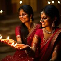 schön indisch Braut im rot Lehenga suchen beim das Kamera, traditionell indisch Hochzeit, generativ ai foto