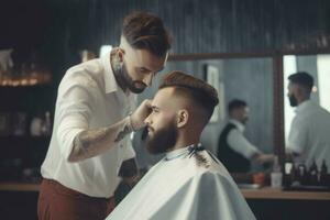 Barbier geben Haarschnitt im Salon. generieren ai foto