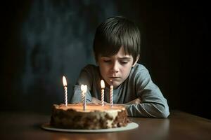 traurig Junge Kuchen. generieren ai foto