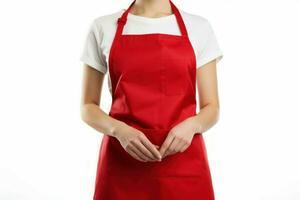 jung Frau tragen Küche rot Textil- Schürze. generieren ai foto