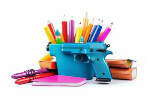 Schule Schreibwaren und Gewehr isoliert Schutz lernen. generieren ai foto