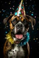 Neu Jahre Boxer Hund im Paillette Hut weht Party Horn Hintergrund mit leeren Raum zum Text foto