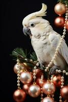 Weihnachten Kakadu thront auf dekoriert Urlaub Ast isoliert auf ein Weiß Hintergrund foto
