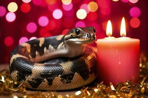 Ball Python Schlange mit Weihnachten Log und Fee Beleuchtung isoliert auf ein Gradient Weihnachten Hintergrund foto