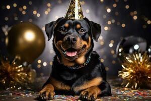 Neu Jahre Rottweiler Hund halten ein Gold und funkeln Party Cracker isoliert auf ein Weiß Hintergrund foto