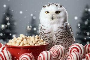 Weihnachten schneebedeckt Eule thront auf Kiefer mit Süßigkeiten Stock isoliert auf ein Weiß Hintergrund foto