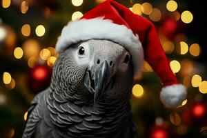 afrikanisch grau Papagei Don Elf Hut und Mistel ankündigend Neu Jahr Freude foto