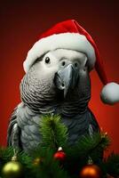 afrikanisch grau Papagei mit Mistel und Elf Hut zum Neu Jahr isoliert auf ein Gradient Hintergrund foto
