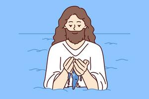 Jesus steht im Wasser und wäscht Gesicht, zum Konzept von zweite Kommen Gott im Christian Religion foto
