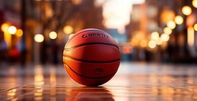 Basketball auf ein öffnen Gericht beim Sonnenuntergang - - ai generiert Bild foto