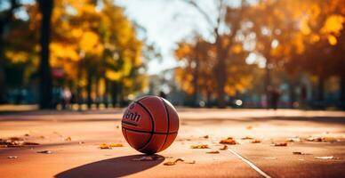 Basketball auf ein öffnen Gericht beim Sonnenuntergang - - ai generiert Bild foto