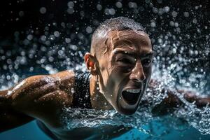 wettbewerbsfähig Athlet Tauchen in Schwimmbad zum Schwimmen Rennen - - Aktion Schuss mit schnelle Geschwindigkeit Fotografie und unter Wasser Aussicht - - ai generiert foto