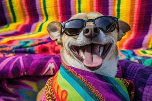 Chihuahua Strand Tag - - spielerisch Welpe mit Sonnenbrille auf bunt Handtuch - - ai generiert foto