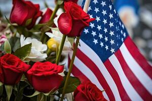 respektvoll Denkmal mit amerikanisch Flagge und Rot, Weiss, und Blau Blumen im Nahansicht - - ai generiert foto