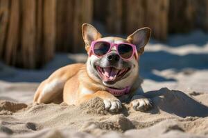 Sonnenbrille und Sand - - offen Foto von ein glücklich Hund Leben es ist Beste Strand Leben - - ai generiert