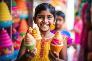 bunt Eis Sahne Kegel Freuden Kind mit froh Lächeln im Nahansicht Foto beim Eis Sahne Geschäft - - ai generiert