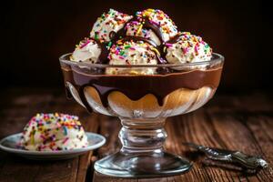 Jahrgang Freude - - ein lecker Eis Sahne Eisbecher mit Schokolade Soße - - ai generiert foto
