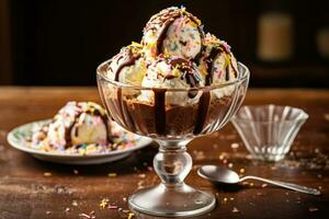 nachsichtig Eis Sahne Eisbecher mit Schokolade Soße und Sträusel auf rustikal hölzern Tabelle - - Essen Fotografie, Nachtisch, Jahrgang Glas Gericht - - ai generiert foto