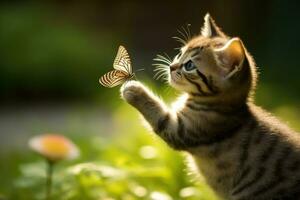 neugierig Kätzchen und zart Schmetterling spielerisch interagieren im Garten Nahansicht - - ai generiert foto