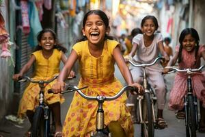 ungezügelt Glück - - Lebensstil Bild von Kinder auf Fahrräder mit strahlend lächelt - - ai generiert foto