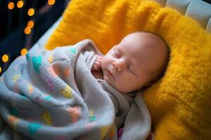 friedlich Baby Schlafen im Krippe mit Sanft Decke - - Nahansicht Lebensstil Foto von unschuldig Gelassenheit im Kindergarten - - ai generiert