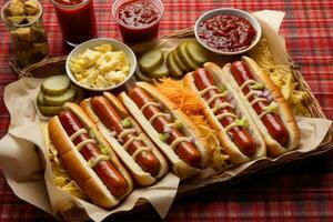 das ultimativ Komfort Essen - - heiß Hunde mit Ketchup, Senf, und Mehr - - ai generiert foto